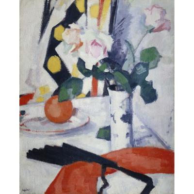 Samuel John Peploe – Roses and Red Cloth with Black Fan